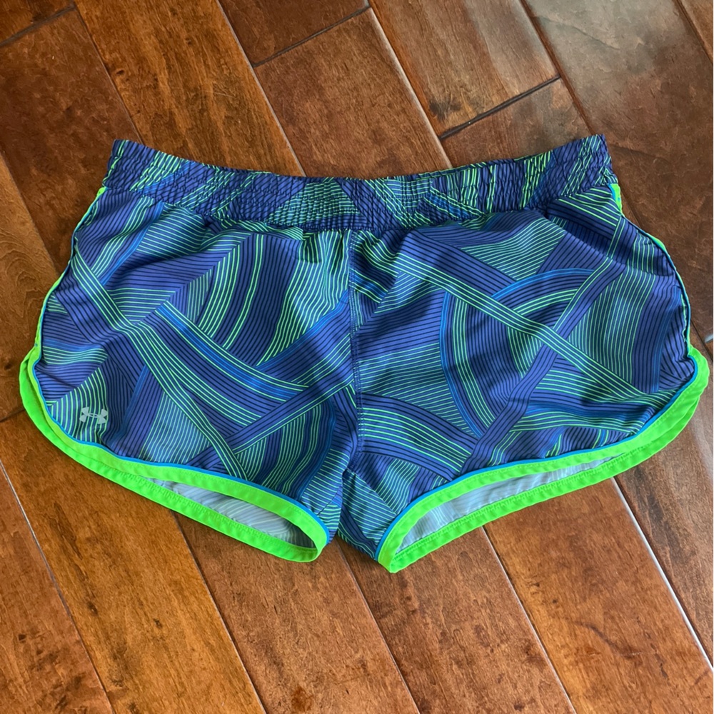 Under armour purple green shorts large heat gear running semi fitted w briefs
